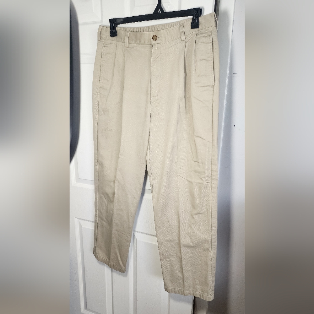 LL BEAN men's flannel lined khaki comfort fit double pleat chino dress pant